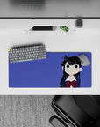 28x12 inches kawaii mouse pad in deep violet with navy and red accents, sweet mischievous cozy vibe.