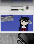 32x16 inches desk mouse pad in deep violet with candy-bright navy and red accents, cute quiet mischievous vibe.