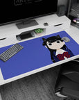 Shouko Komi cat ears close-up on anime desk pad 40x20 inches, quiet eyes, navy uniform, plaid bow.