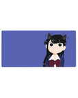 32x16 inches anime girl mouse pad with Shouko Komi cat ears, navy uniform, red plaid bow, violet backdrop.