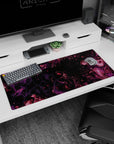 Space-inspired 36x16 anime desk mat with swirling purple and magenta, creating a serene and celestial atmosphere on your desk