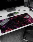 Mysterious 40x20 anime desk mat featuring cosmic swirls of purple and magenta against a black backdrop for a serene space vibe