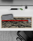 32x12 inches mouse pad with traditional Japanese art elements and modern design, blending black ink-like patterns with a bold red stripe for a refined workspace.