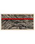 Mouse pad blending traditional Japanese woodblock art and modern design, featuring black ink patterns with a bold red stripe on beige, 32x16 inches, perfect for a sophisticated desk setup.