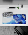 Moonlit blue anime girl mouse pad 28x12 inches with soft rain glow, icy tones, and cozy midnight vibe.