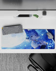 32x12 inches desk mouse pad in icy blue moonlight with soft rain, glittery stars, calm midnight vibe.