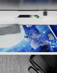 36x16 inches anime desk pad in icy blue midnight tones with soft rain, glittery stars, cozy calm vibe.
