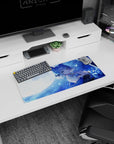 Fox-eared anime girl under moon and rain on mouse pad 28x12 inches, with glowing butterflies and stars.