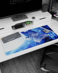 36x16 inches desk pad showing a fox-eared anime girl under moonlit rain with ribbons, jewelry, butterflies.