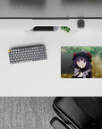 Cozy 14x10 inches anime mouse pad in deep purple and black with warm green background, dreamy vibe.