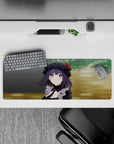 32x12 inches anime girl desk mouse pad in deep purple and black with warm green background, cozy mood.