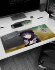 Rikka Takarada from SSSS.GRIDMAN on a 36x16 inches anime desk pad, gazing up in lace bonnet with roses.
