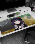 Rikka Takarada from SSSS.GRIDMAN gazing up in a black lace bonnet on desk pad, 40x20 inches.
