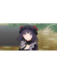 Anime girl desk pad 36x16 inches with goth-cute art, lace bonnet, red roses, violet eyes, green backdrop.