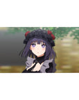 Goth-cute anime girl desk pad with lace bonnet, red roses, violet eyes, 40x20 inches.
