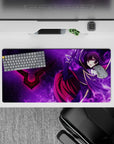 32x16 inches anime mouse pad in deep purples with violet smoke and lightning for a dramatic, high-contrast mood.