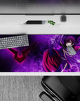 Anime desk pad 36x16 inches in deep purples with violet smoke, crackling lightning, and high-contrast drama.