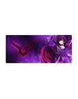 28x12 inches anime mouse pad with uniformed hero, gold trim, crimson cape, and sigil on lightning backdrop.
