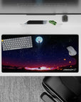 Dynamic 32x16 mouse pad combines deep space tones, fiery embers, and precise linework for visually impactful yet functional visuals