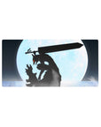 Mouse pad featuring Guts in his Berserker Armor under a glowing full moon, 32x16 inches, perfect for adding a powerful, striking image to your workspace.