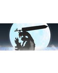 Berserk desk pad with Guts in his Berserker Armor, under a glowing full moon, 36x16 inches, perfect for transforming your desk with a powerful, serene design.