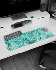 Artistic 32x12 inches mouse pad with vibrant turquoise aqua swirls, creating a serene, dynamic atmosphere for work or gaming.