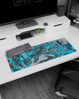 Artistic 32x12 inches mouse pad with a flowing blue and gray swirl design, blending aqua blues and sleek grays to boost productivity.