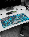 Artistic 36x16 inches mouse pad showcasing a relaxing blue and gray swirl design, with aqua blues and sleek grays to boost productivity.