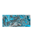 Mouse pad featuring a blue and gray swirl design, 28x12 inches, with aqua blues and steely grays creating a relaxing, stylish vibe.