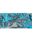 Mouse pad featuring a blue and gray swirl design, 36x16 inches, with aqua blues and steely grays for a relaxing, productive workspace vibe.