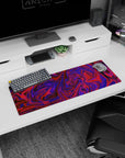 Creative 32x12 mouse pad with swirling purple and red tones, ideal for inspiring focus and creativity in a vibrant workspace
