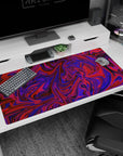 Abstract 40x20 anime desk mat with vibrant purple and red swirl pattern, ideal for bringing creativity and inspiration to your setup