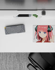 Candy pink hair anime mouse pad 14x10 inches with black ribbons, teal accents, crisp contrast, playful vibe.