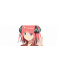 32x12 inches anime girl desk mouse pad with pink-haired Nino, white background, ribbons and teal accents.