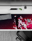 Neon-night anime desk pad 36x16 inches in ink-black to hot magenta glow with star-dusted void.