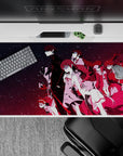 40x20 inches anime desk pad in neon night tones, ink-black to hot magenta starfield, quiet fearless vibe.