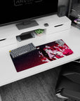 Anime mouse pad 28x12 inches showing a neon-lit lineup of uniformed characters posed in a starry void.