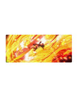 Mouse pad featuring Luffy from One Piece, 28x12 inches, engulfed in flames, showcasing his unstoppable strength during a powerful attack.
