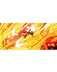 Desk pad featuring Luffy from One Piece, 36x16 inches, with flames surrounding him as he unleashes a powerful attack, embodying his fearless spirit.