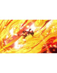 Desk pad featuring Monkey D. Luffy from One Piece, 40x20 inches, engulfed in flames as he unleashes a powerful attack, showcasing his unstoppable strength.