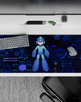 Deep navy and cyan anime desk pad 36x16 inches, calm neon command-screen vibe for gaming.