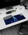 28x12 inches Mega Man anime mouse pad featuring him centered in blue helmet with glowing HUD rings behind.