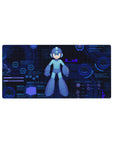 32x16 inches anime mouse pad with Mega Man sci-fi HUD rings, hex grid panels, and crisp command screen layout.