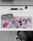 Pastel pink anime mouse pad 32x12 inches, cozy spring café vibe with soft lighting and smooth gradients.