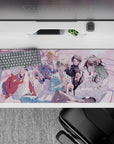 36x16 inches pastel anime desk pad with soft pink petals, cozy café lighting, crisp linework.