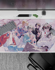 Pastel spring-pink anime desk pad 40x20 inches, cozy café glow, soft gradients and crisp linework.