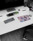 Anime mouse pad 14x10 inches featuring a grinning boy in a varsity jacket with friends and iced drinks.