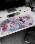 Anime desk pad 40x20 inches featuring grinning varsity boy with friends, iced drinks, petals in breeze.