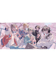 36x16 inches anime desk pad with five stylish boys laughing at a café, iced drinks, spring petals.