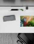 Cozy summer anime mouse pad 14x10 inches in soft greens and dusty blues with warm nostalgic lens haze.